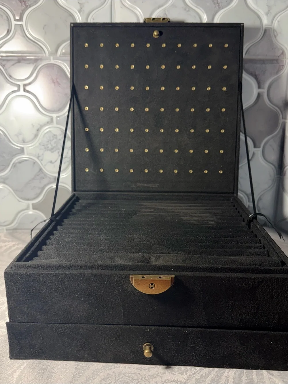 Black Men's Jewelry Storage Case with Ring Slots and Earring Panel